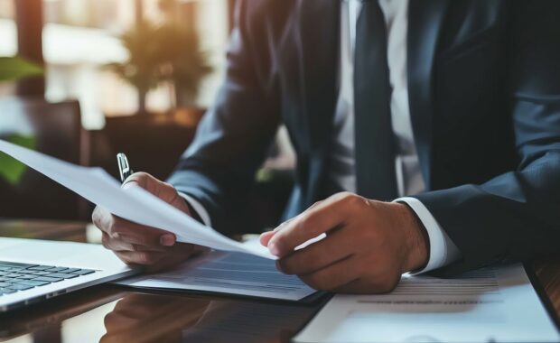 a businessman looking contract in hand