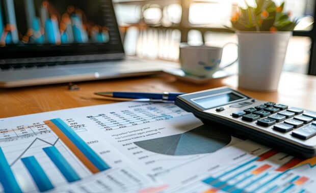 a calculator sits on a table next to a laptop