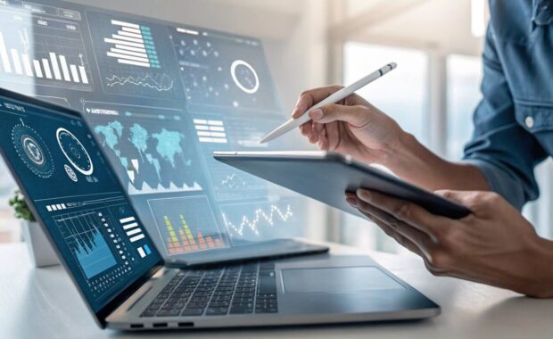 an analyst uses a computer and dashboard for data business analysis and data management system