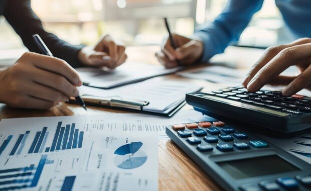 auditor and accountant team collaborating in an office analyzing financial data and accounting records with a calculator