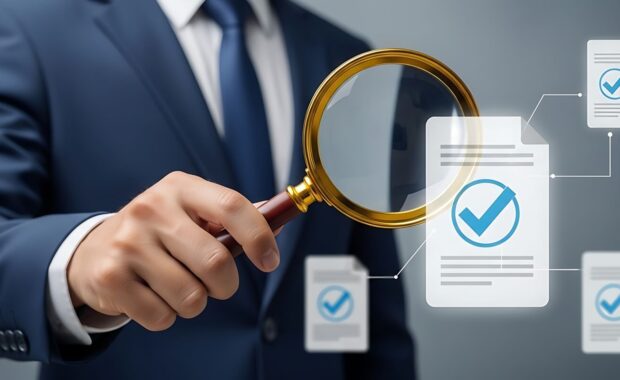 auditor carefully inspecting digital documents for compliance with magnifying glass