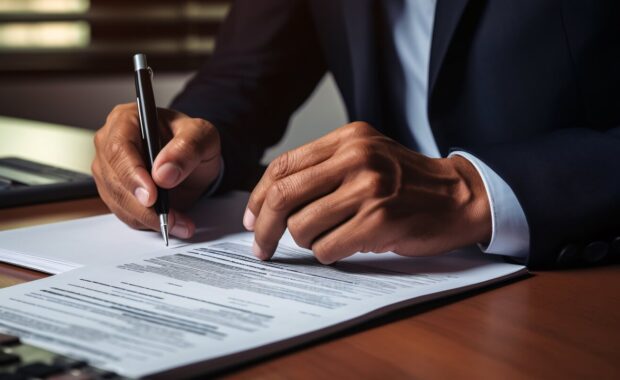 businesman hand filling us business income tax return form for tax payment