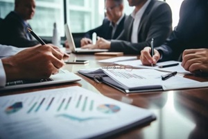business accounting team meeting in room office using pen pointing at paperwork