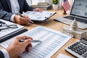 business people discussing annual budget report