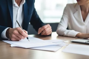 business woman and man lawyer attorney showing document to man client providing advisory services