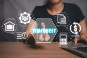 business woman working on laptop computer and hand touching timesheet icon on virtual screen