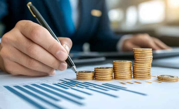 businessman analyzing financial data with gold coins
