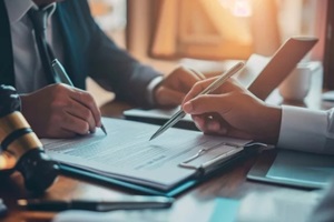 businessman brainstorming information on agreement details Business contracts in legal processing books for accuracy in contract documents