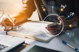 businessman working on project for SWOT analyzing company financial report balance with augmented reality graphics at modern office space