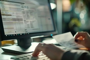 closeup hand using computer preparing invoices billing