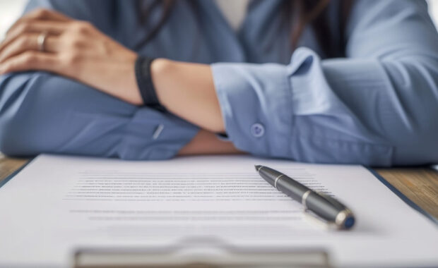 dissatisfied employee holds arms crossed over contract termination and a pen on the table in front of her