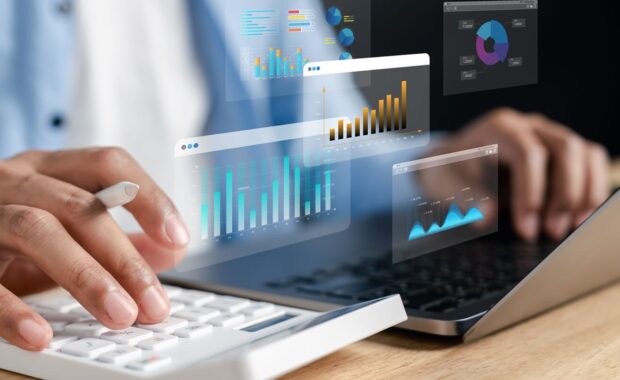 financial data analytics and accounting management system with futuristic dashboard charts