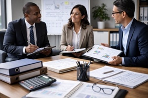 focused team reviewing performance metrics and aligning on next steps