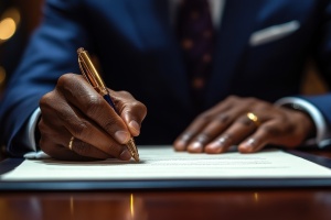 A government official signing a new crime prevention bill into law, representing legislative efforts to reduce crime