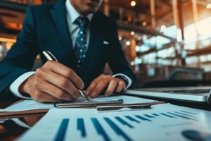 man in a business suit analyzing the terms of a contract and highlighting contentious issues