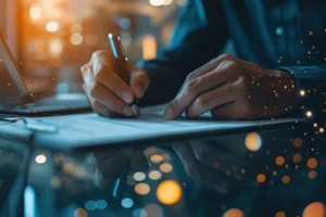 man manages business docs online, signs contracts