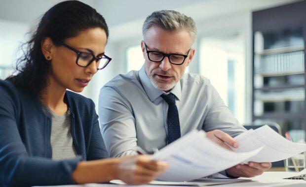 mature business executive and colleagues doing paperwork