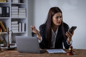 paperwork and lawyer with stress for contract mistake, policy fail and burnout in office