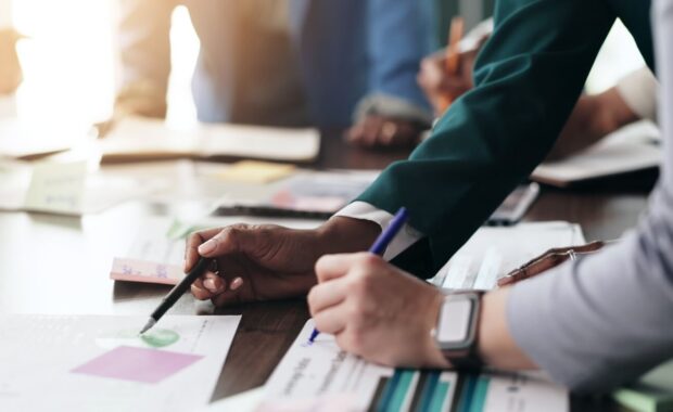 people, paperwork or hands of accountant in meeting for finance management or budget review