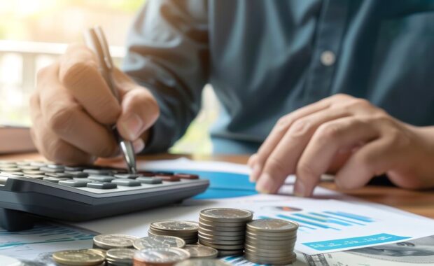 person calculating finances with coins, calculator, and financial documents on desk