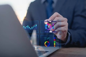 shows a dashboard chart for business data analysis and metrics connected to the database for digital technology