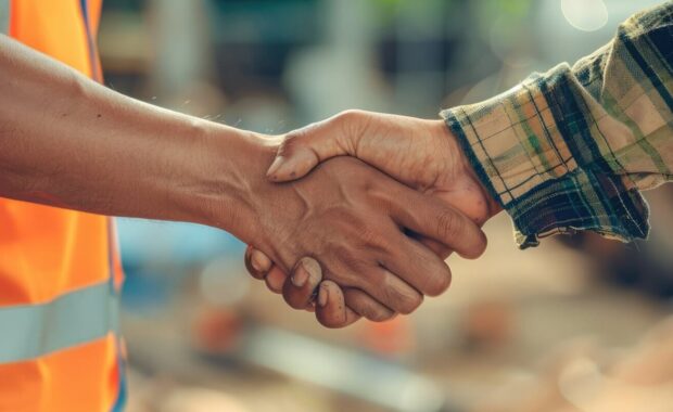 smiling contractor in plaid shirt shaking hands with client